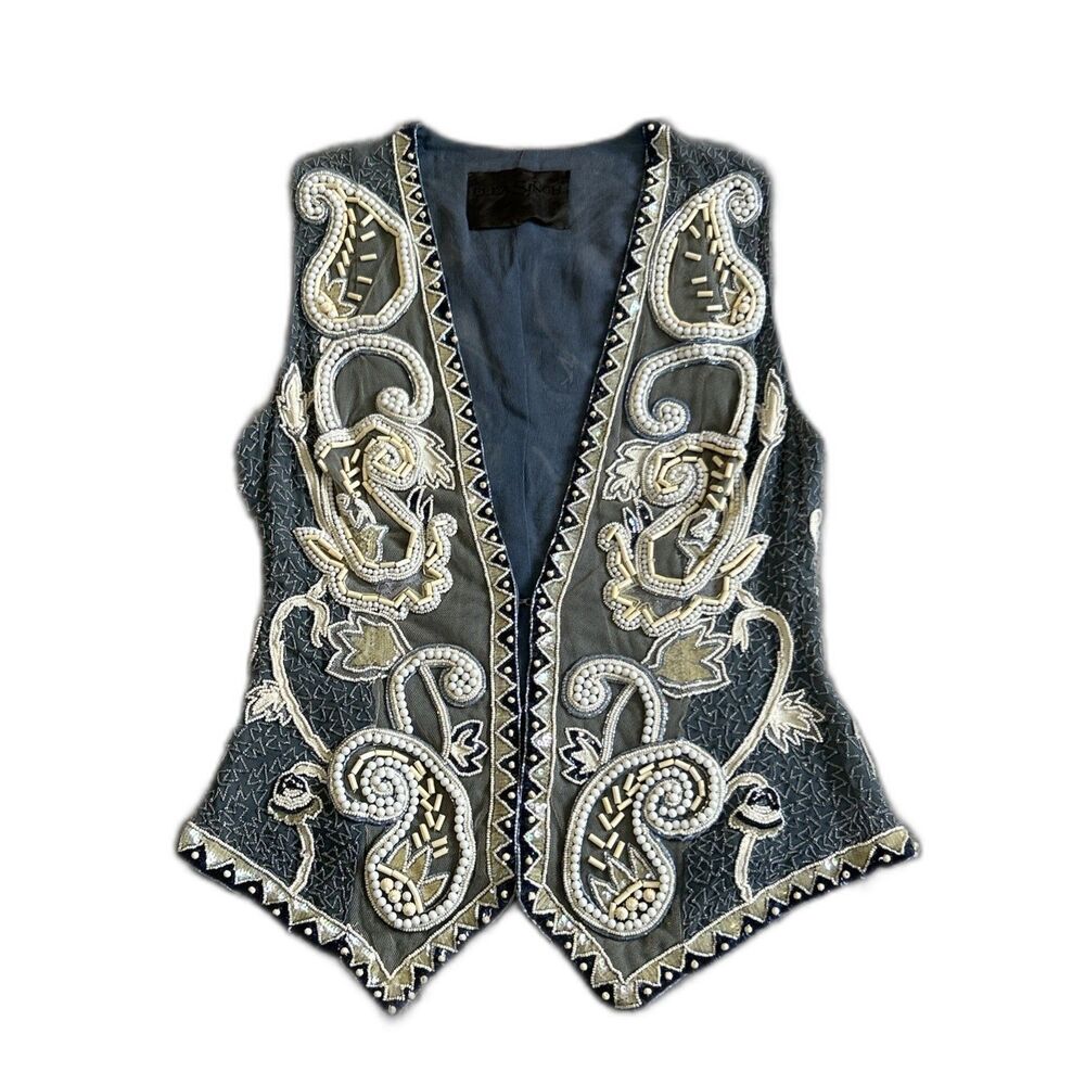 Ella Singh Vest Womens Large Beaded Sequins Silk Festival Boho Blue Cream Heavy